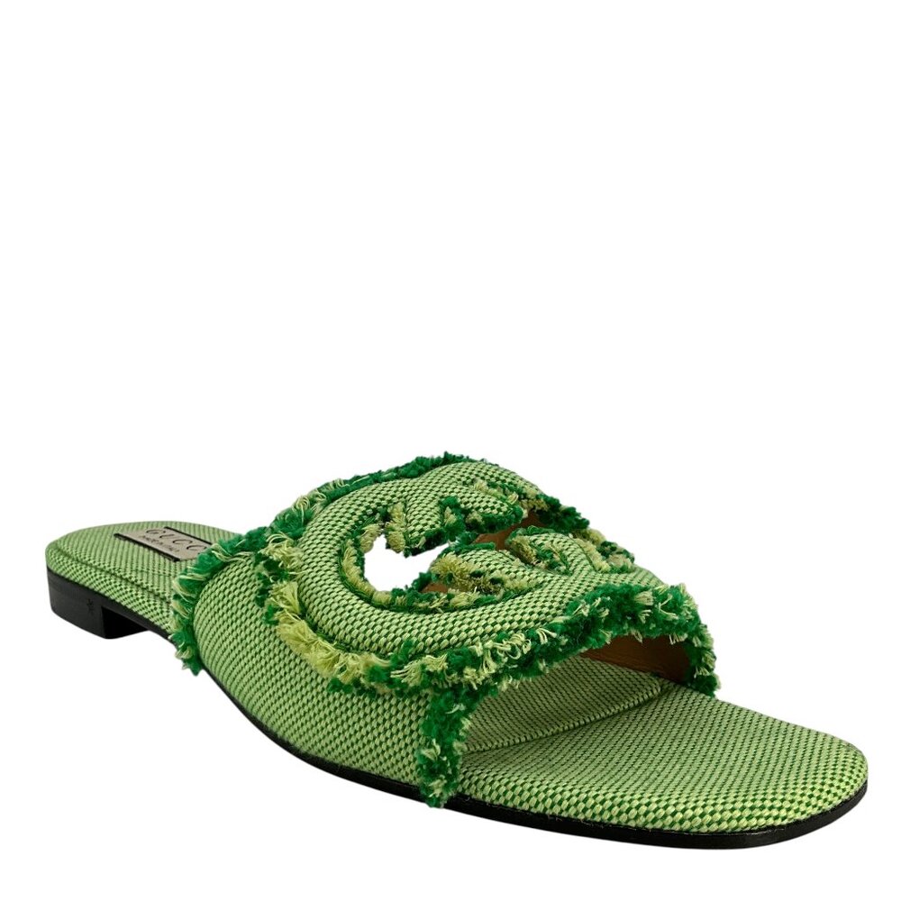 Gucci Fringed Canvas Interlocking G Slides Size 10.5